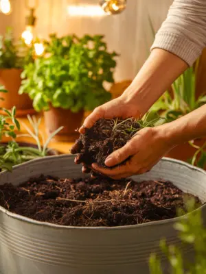  Hands holding rich, dark soil over a metal container, with green plants in the background.