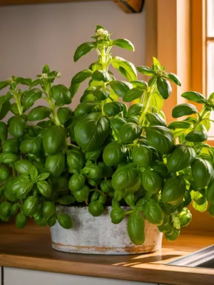 A lush basil plant growing in a rustic metal pot on a wooden kitchen counter near a window.