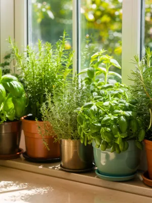  A row of fresh herb plants, including basil and rosemary, in assorted pots on a sunny kitchen windowsill.