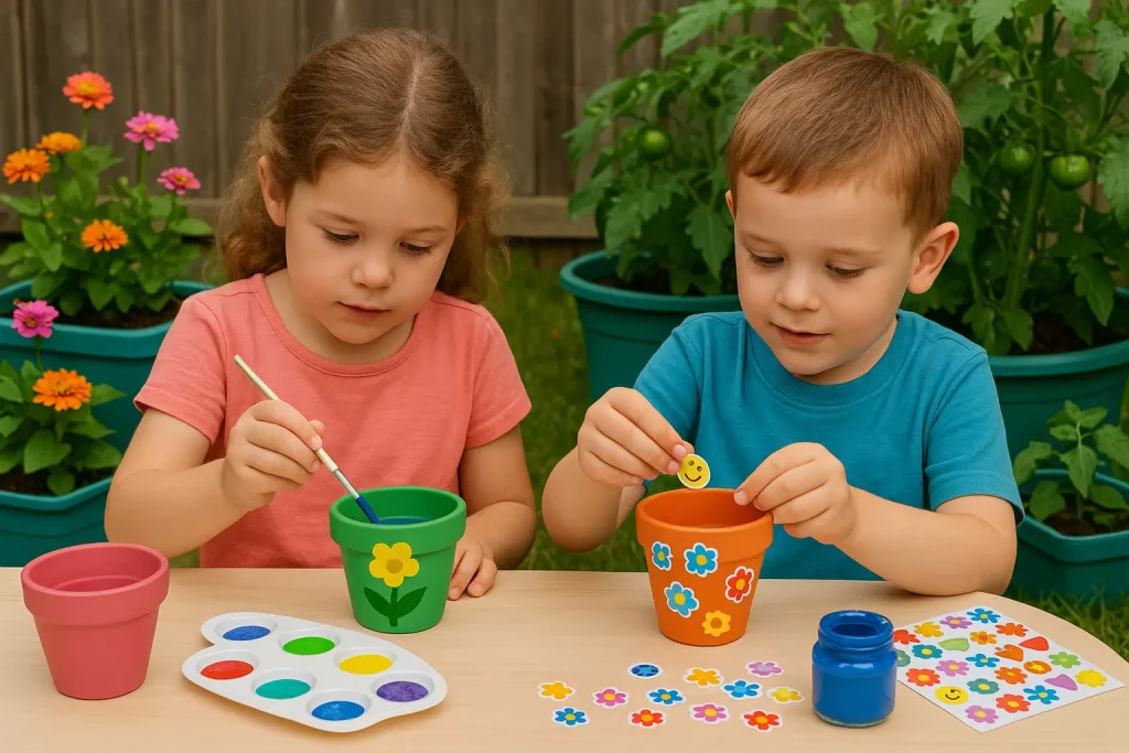 Two young children decorating flower pots with paint and stickers in a garden setting.