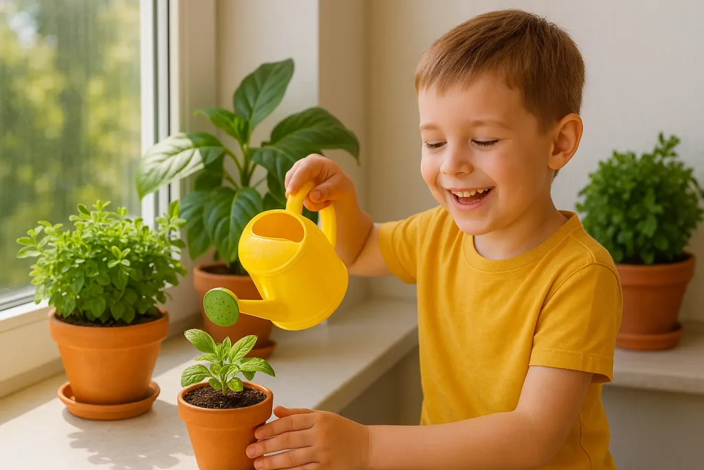 A young boy watering a plant.
