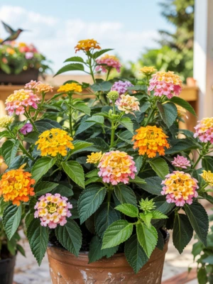 Lantana plant with vibrant yellow, orange, and pink flowers growing in a terracotta pot on a patio.