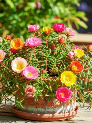 Beautiful portulaca flowers blooming in a sunny garden.