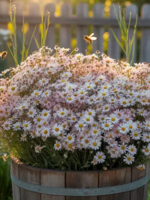 13 Best Fall Container Plants for Small Spaces 10 Cloud-like white and pink Boltonia daisies blooming in a rustic wooden barrel, attracting honeybees in the warm afternoon sun.