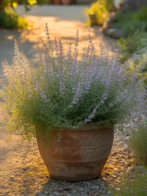 13 Best Fall Container Plants for Small Spaces 11 Russian Sage with tiny lavender flowers in a large decorative clay urn.