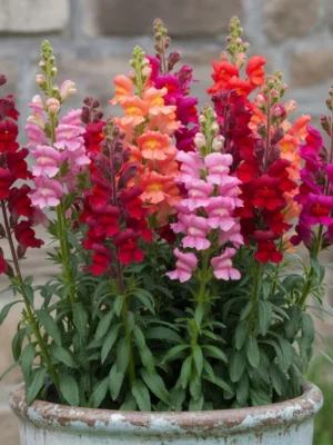13 Best Fall Container Plants for Small Spaces 12 Multi-colored snapdragons in shades of pink, orange, and red in a weathered pot.