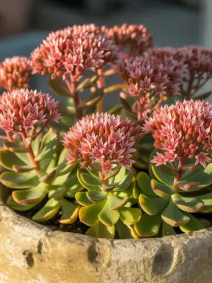13 Best Fall Container Plants for Small Spaces 2 Close-up of pink Sedum flowers with thick green succulent leaves in a textured pot.