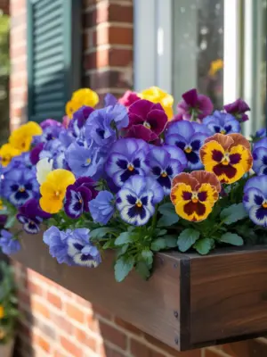 13 Best Fall Container Plants for Small Spaces 3 A wooden window box overflowing with vibrant purple, yellow, and orange pansies.