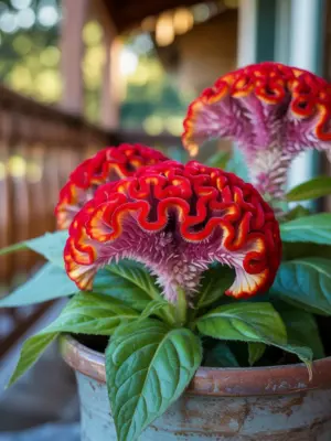 13 Best Fall Container Plants for Small Spaces 4 Red Cockscomb Celosia in a ceramic planter, best fall container plants for small spaces.
