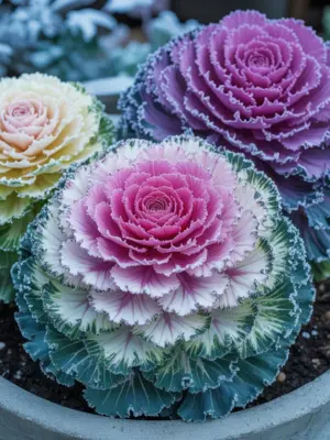 13 Best Fall Container Plants for Small Spaces 5 Detailed view of pink and white ornamental kale arranged in a circular container.