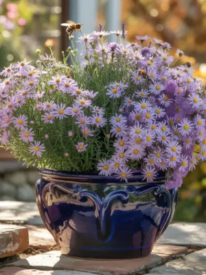 13 Best Fall Container Plants for Small Spaces 6 Light purple Asters blooming in a glossy deep blue ceramic pot, with a honeybee hovering above the flowers.