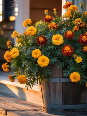 13 Best Fall Container Plants for Small Spaces 7 Orange and maroon marigolds blooming in a dark wooden barrel on a porch.